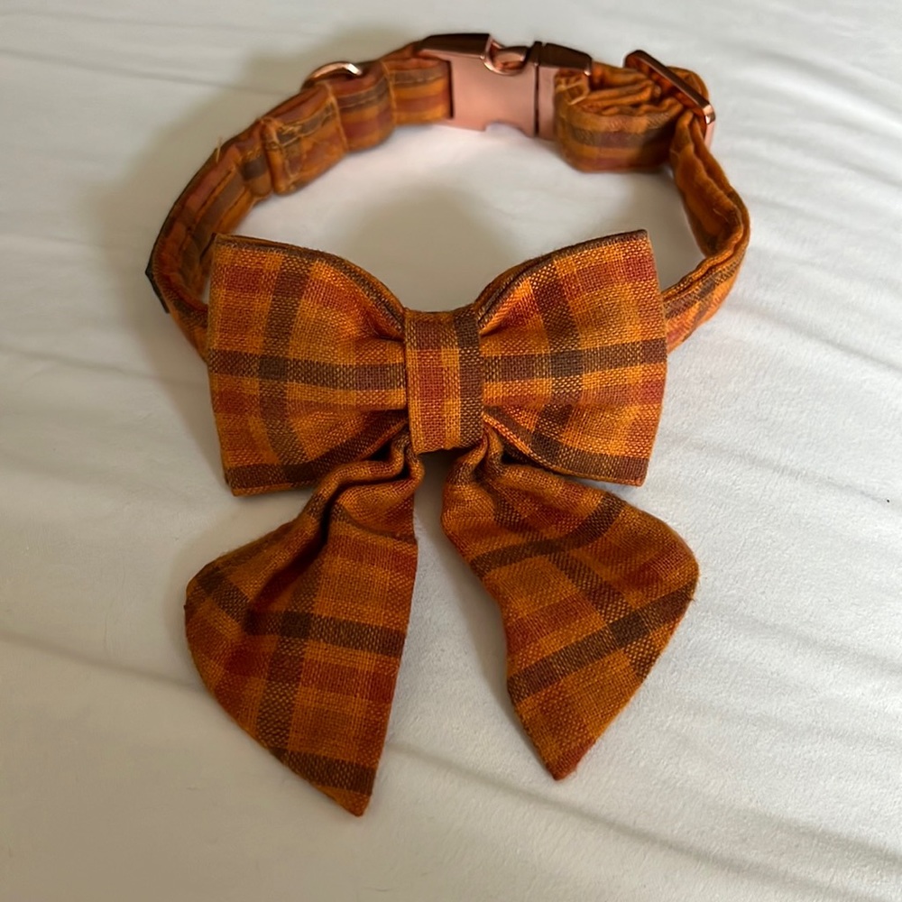 Fall Orange Plaid Bow Dog Collar